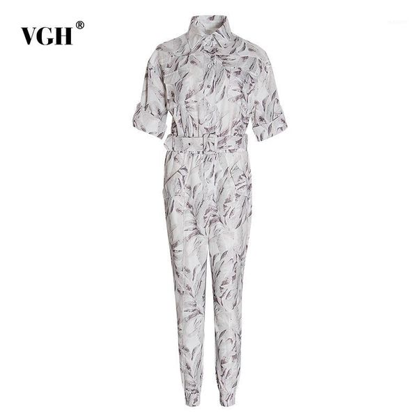 

vgh casual printed jumpsuits for female lapel collar short sleeve high waist with sashes women jumpsuit 2020 spring fashion tide1, Black;white