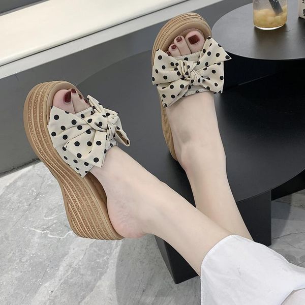 

slippers female shoes on a wedge womens outdoor slides platform flock heeled mules butterfly-knot fashion 2021 high soft luxury, Black