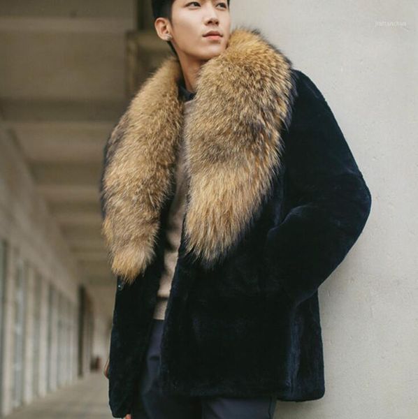 

big fur collar faux mink leather jacket mens winter warm fur leather coat men jackets jaqueta de couro black1, Black