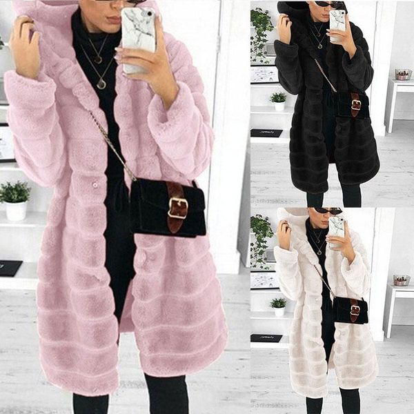 

2021 faux fur fleece coat jacket women winter warm imitation mink fahion thicken warm hooded coats long jackets outwear, Black