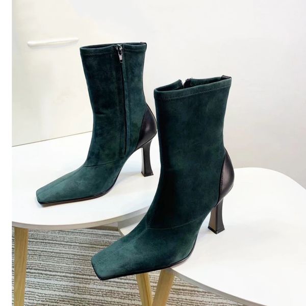 

square toe high heel ankle boots women green suede fashion short party boots pu leather black winter shoes woman