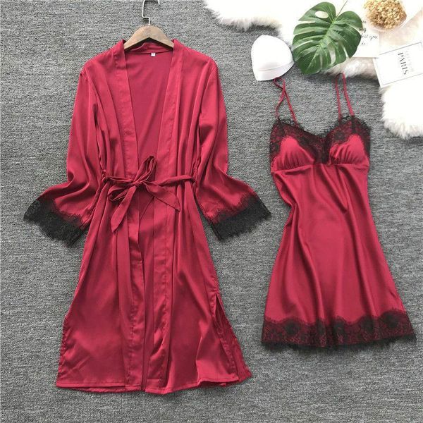 

sleepware female long sleeve strap nightgown summer ice silk robe 2 pieces nightdress nightshirt tracksuit with the pad1, Black;red
