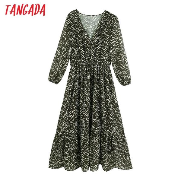 

casual dresses tangada 2021 autumn fashion women dots print shirt dress v neck elegant office ladies midi be896, Black;gray