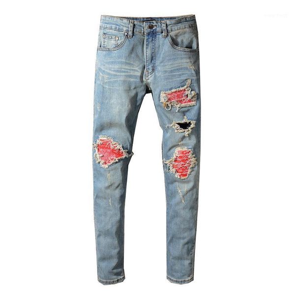 

men's red printed patch retro blue slim biker jeans skinny patchwork folds holes ripped stretch moto & biker denim pants1