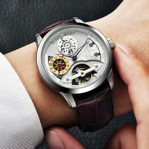 

yellow gold automatic 1635 a tourbillon sports mechanical mens watches leather men watch waterproof 30m hombre luxury hollow sapphire, Slivery;brown