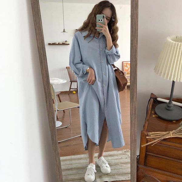 

chic single-breasted loose women dress turn-down collar female dress full-sleeve long vestidos femme robe 2021 drop shipping, Black;gray