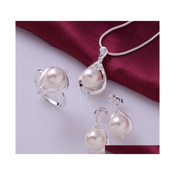 

new popular 2016 promotion solid 925 sterling silver jewelry pearl necklace bracelet ring set,fine 925 silver chain set for pjvxg, Slivery;golden