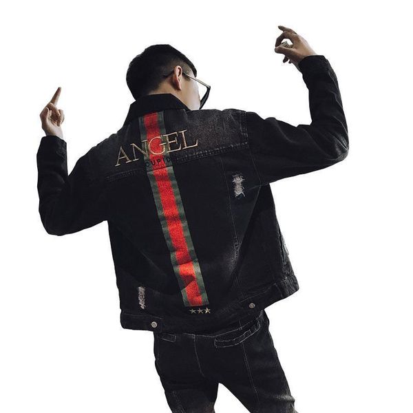

new 2020 denim jacket men design korean fashion handsome gown teenagers striped social spirit guy coat letter embroidery jacket, Black;brown