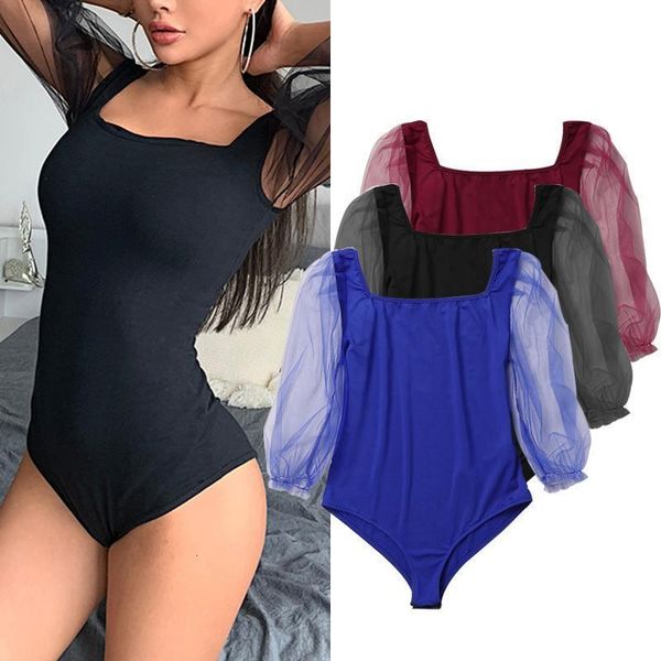 

bodysuits rompers 2020 summer women short playsuits puff sleeve square neck vintage jumpsuits lace leotard 5xl, Black;white