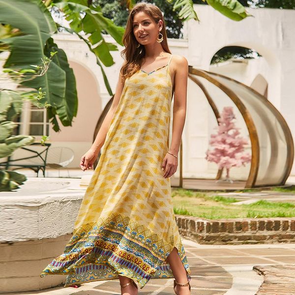 

women holiday party dress summer v-neck sling geometric printing backless split fashion vacation swing a-line maxi long kg-359, Black;gray