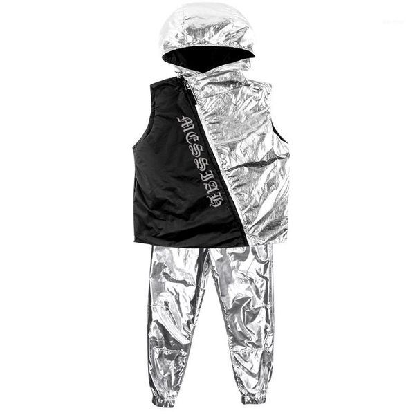 

silver gogo dance costume boys/men hooded vest cool hiphop pants nightclub male dj costume dancing show stage clothes vdb17021, Black;red