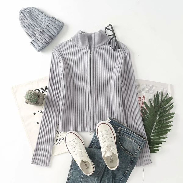 

2021 new pit stripe slim small stand collar t-shirt women's fall academic foundation versatile solid color sweater cardigan mbbu, White;black