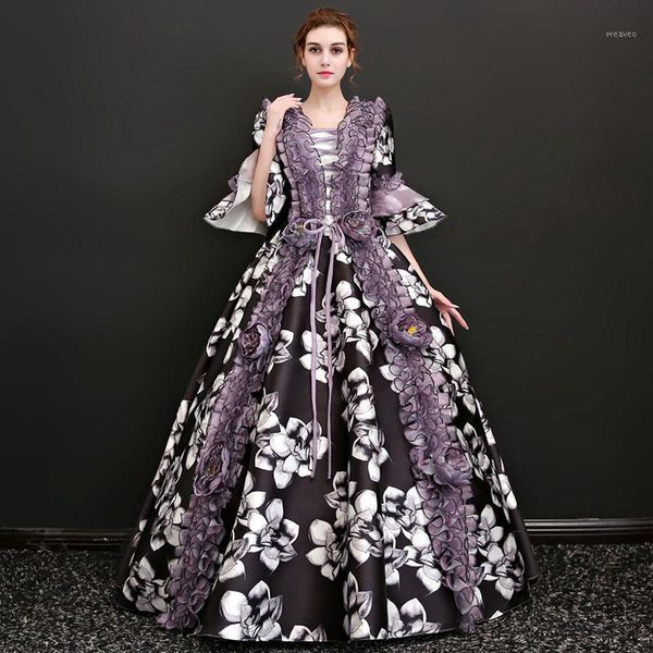 

2018 square collar three quarter flare sleeve printed pattern dress european court rococo baroque stage masquerade party dresses1, Black;gray