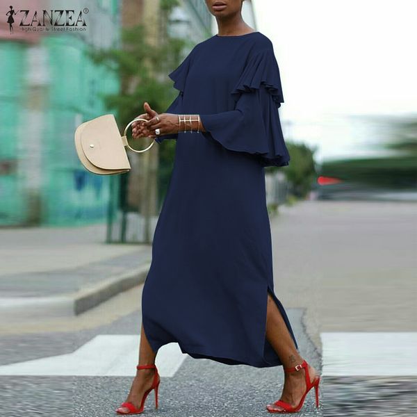 

2020 zanzea elegant dress summer auricular sleeve dresses women solid splited sundress casual beach long maxi vestidos robe 5xl y0118, Black;gray