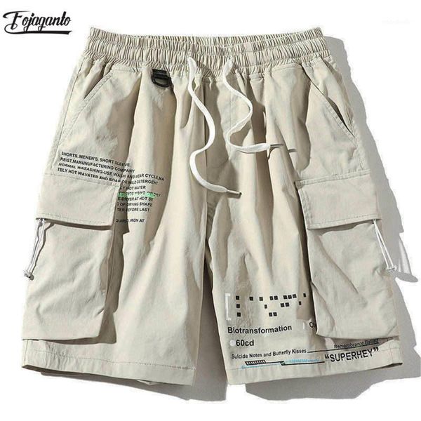 

fojaganto summer cargo shorts men trend brand men's casual letter print knee length pants high street wild shorts male1, White;black