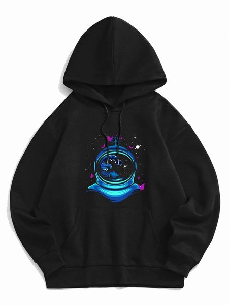 

romwe guys astronaut graphic kangaroo pocket drawstring hoodie 58ht#, Black