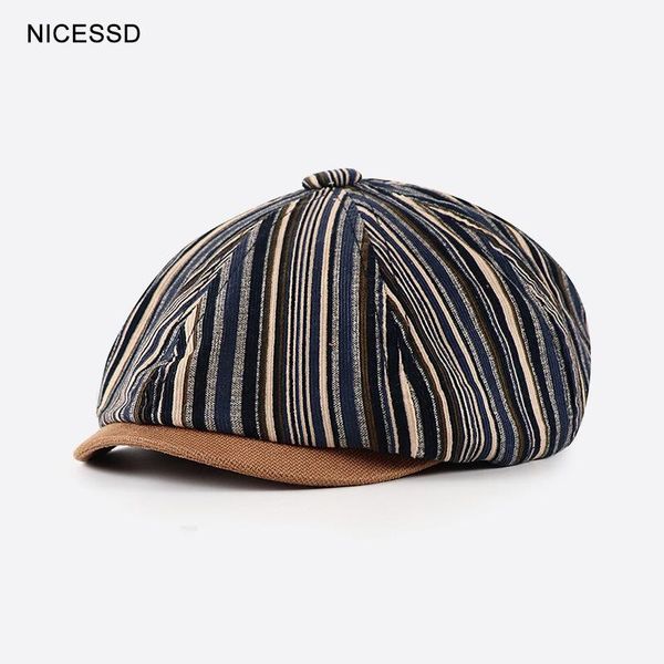 

berets 2021 summer striped octagonal hats spaper boy's hat retro men women casual painter's gorros de lana, Blue;gray