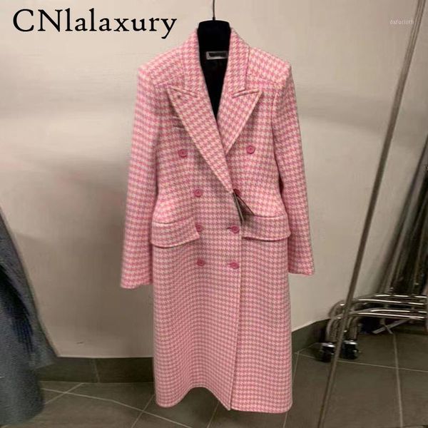 

new winter coat women 2020 double breasted houndstooth wool coat vintage long sleeve long female outerwear overcoat1, Black