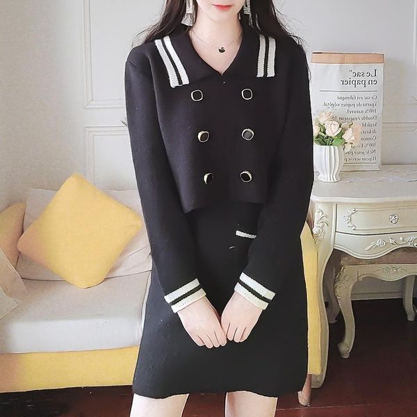 

women's tracksuits korean style knitted suit navy collar sweater women high waist skirt two piece fashion casual loose set lady, Gray