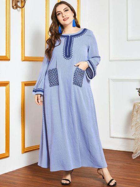 

elegant ethnic embroidery striped dress for women blue plus size o neck long sleeve arabic muslim clothes fall 2020 new, Black;gray