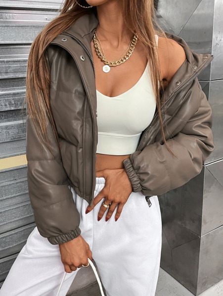 

snap button zip-up pu puffer coat g2o3#, Black