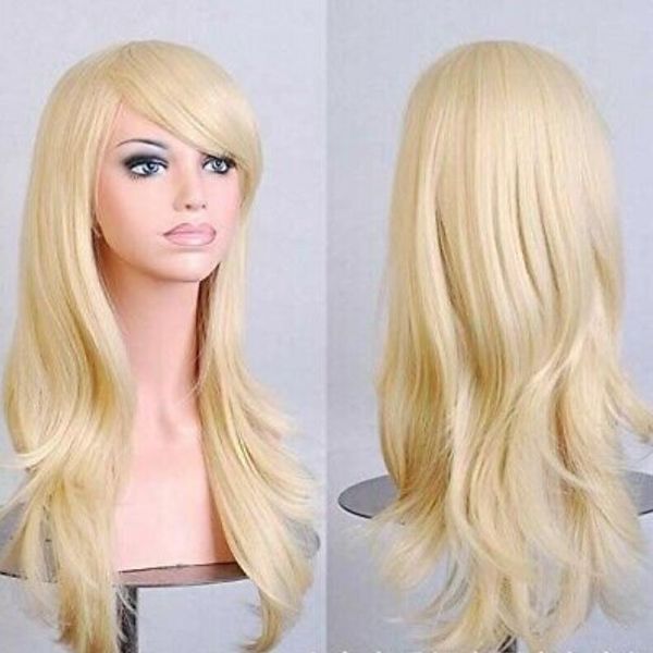 70 cm ondulati ricci eleganti capelli pieni parrucche da donna frangia laterale costume cosplay da donna