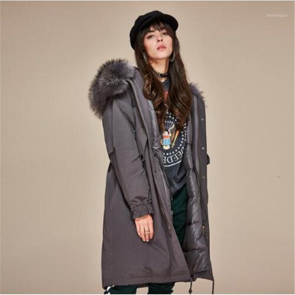 

new fashion 2019 winter women's 90% white duck down jacket oversize long down coat large real raccoon fur hooded parka1, Black
