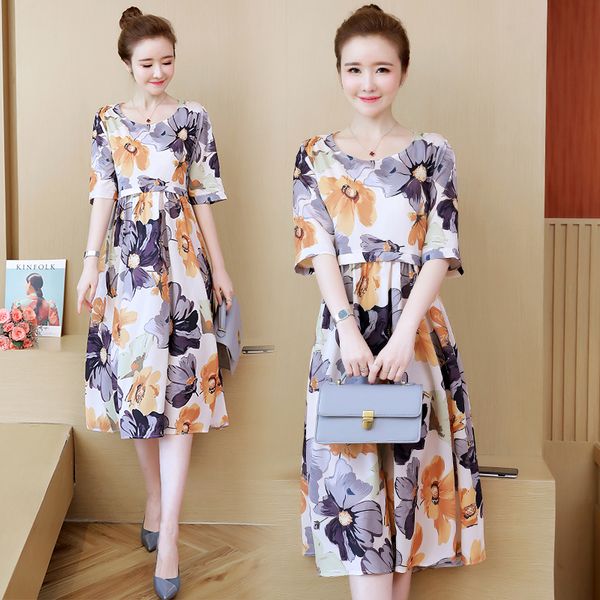 

womens large plus size dressed 2021 summer printed floral thin business casual swing beach wear dresses orqy, Black;gray