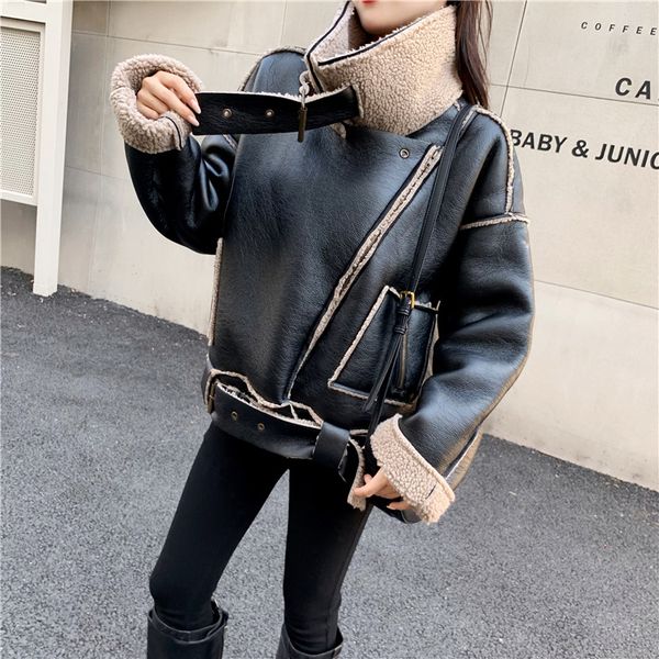 

2021 new motorcycle leather of warm women's zipper new korean loose wild lamb bomber hair jacket 16q 7rmq, Black