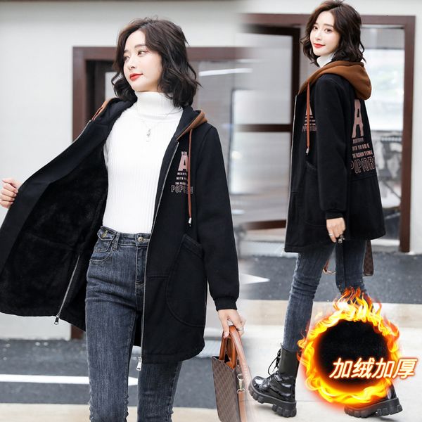 

2021 new mom wool clothes denim printed contrast shredded korean fashion mid-length trench coat 5ba4, Black;brown