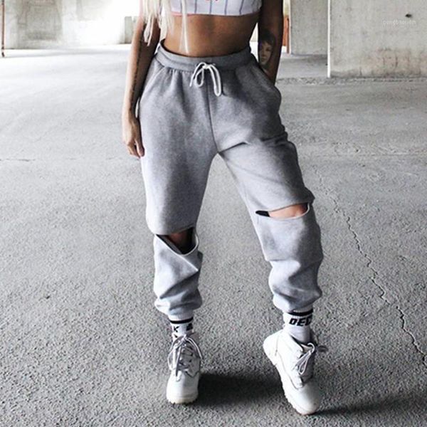 

women casual hip hop pants hippie ladies harem pants fashion open knees ripped casaul sweat loose autumn trousers1, Black;white