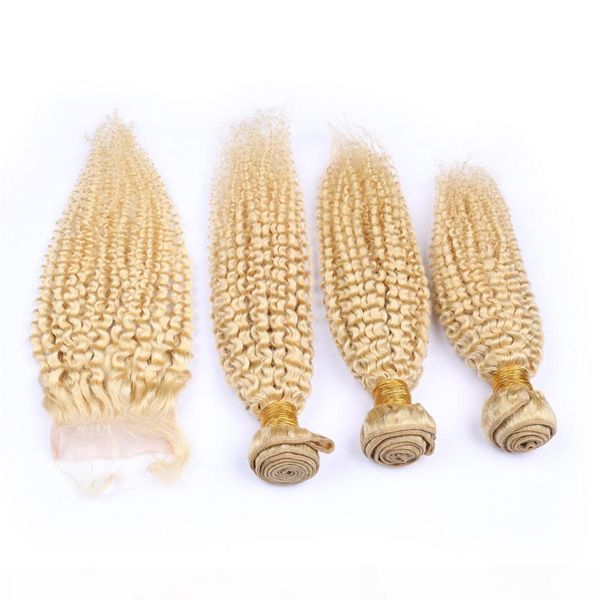 

peruvian virgin human hair blonde kinky curly weave bundles 3pcs with 4x4 lace closure 4pcs lot #613 blonde curly hair wefts with closure, Black