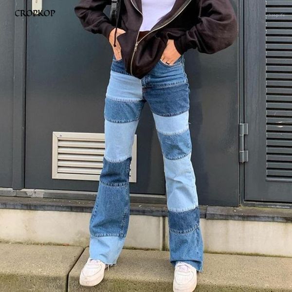 

jeans woman high waist stretchy blue denim color block patchwork trouser autumn winter fashion boyfriend straight leg pants 20201