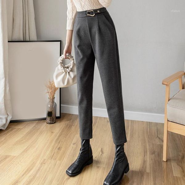 

children of woollen trousers autumn winter 2021 new korean high waist casual nine point harem pants solid color shows thin strai1, Black;white