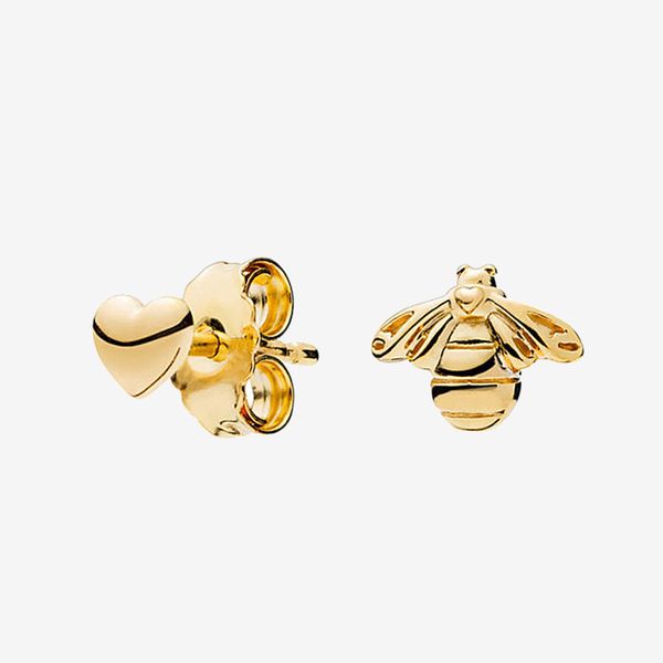 

yellow gold plated bee heart stud earrings women girls party jewelry with box for 925 silver fashion earring set, Golden;silver