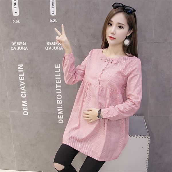 

2020 spring plus size long sleeve maternity clothes fashionable stripe blouses bow collar pregnant women cotton and linen shirts lj201123, White