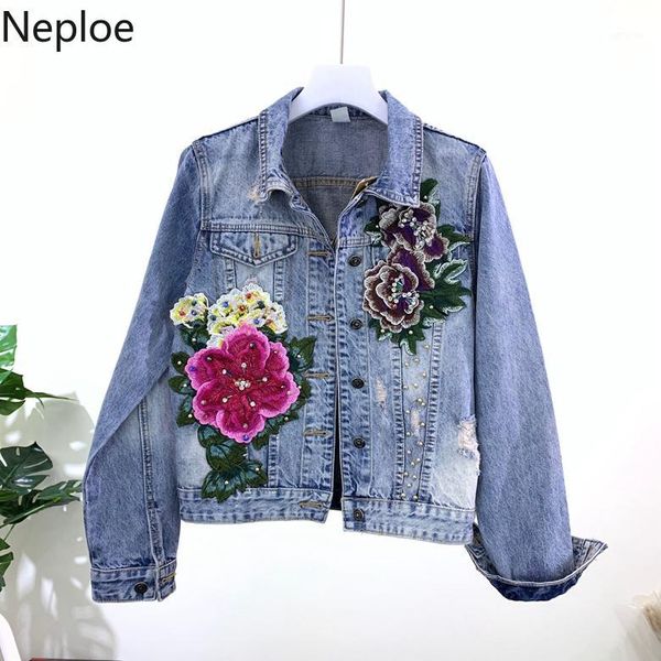 

neploe 3d flower embroidery jeans jacket 2019 new beads hole denim jean coat causal women outwear fashion heavy jackets 527301, Black;brown