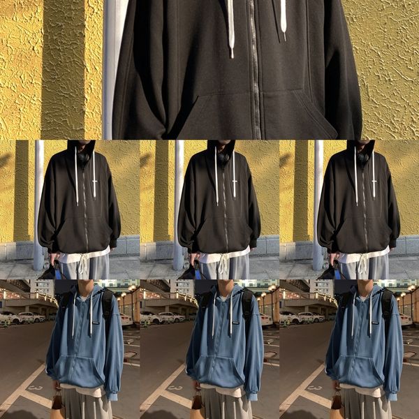 

ossmk spring and autumn sweater men's hooded trendy coat hip-hop sweatercardigan sweater korean fashion loose and versatile ins trend, Black