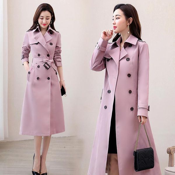 

women long trench coat 2020 spring autumn new slim fashion double breasted belt casual plus size outerwear womens windbreakers, Tan;black