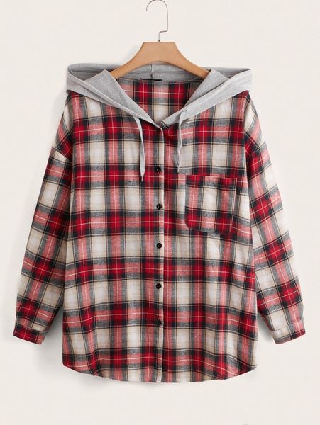 

plus tartan print button front drawstring hooded blouse x2it#, Black