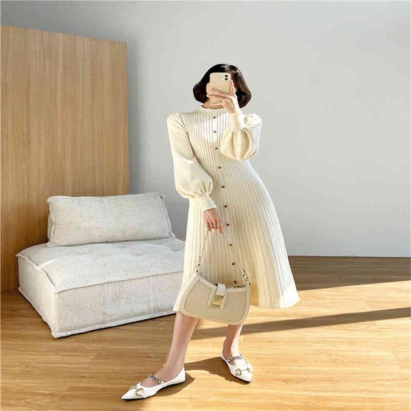 

autumn and winter korean womens warm chic puff sleeve long-sleeved knitted dress womens casual soft sweater dress, Black;gray