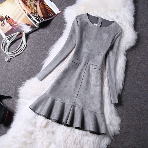 

autumn and winter new korean solid color stitching slim fishtail ruffled deer drs, Black;gray