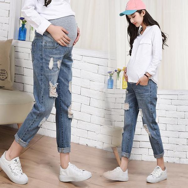 

maternity bottoms spring jeans pregnancy clothes for pregnant pants casual fashion women trousers straight plus size hole jeans1, White