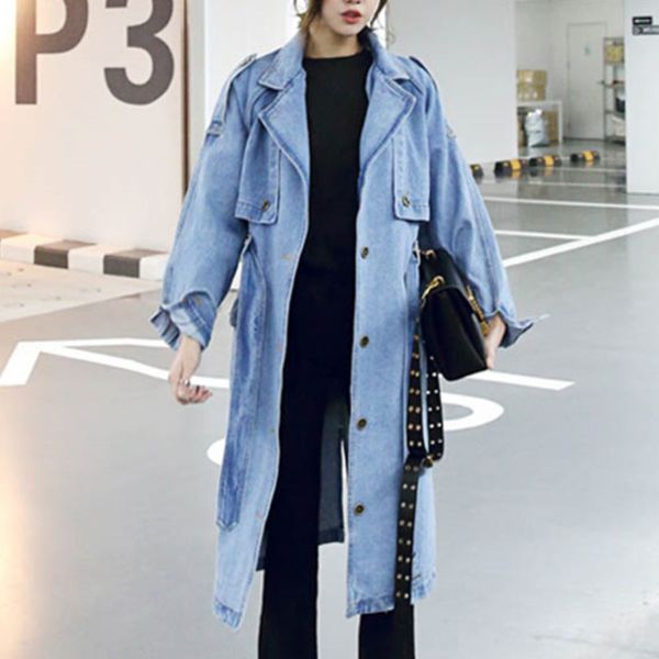 

ewq] 2020 autumn new ladies korean loose denim single breasted windbreaker women long-sleeved mid-length waist overcoat qb483 1028, Tan;black