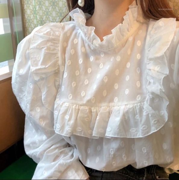 

women's blouses & shirts spring autumn women white polka dot blouse sweet ruffle stand collar long sleeve loose patchwork shirt female