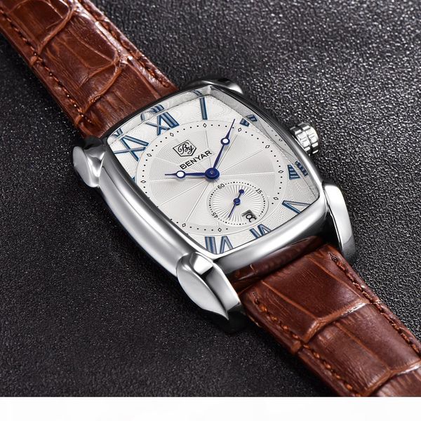 

reloj hombre 2019 benyar brand business men watch men waterproof leather rectangle quartz watches male clock relogio masculino, Slivery;brown
