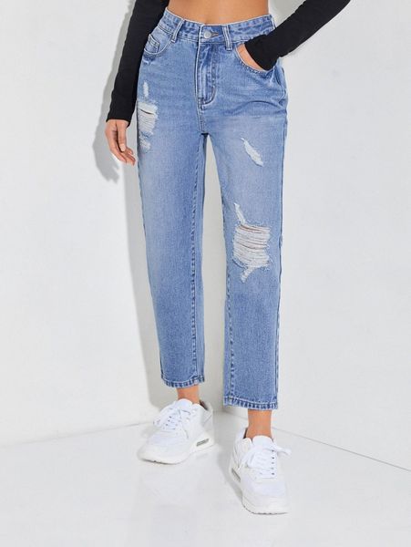 

petite high waist ripped straight leg jeans 471y#, Blue