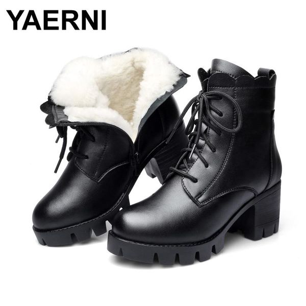 

yaerni 2020 women snow boots winter high heel ankle boots women warm platform shoes genuine leather thick wool fur, Black