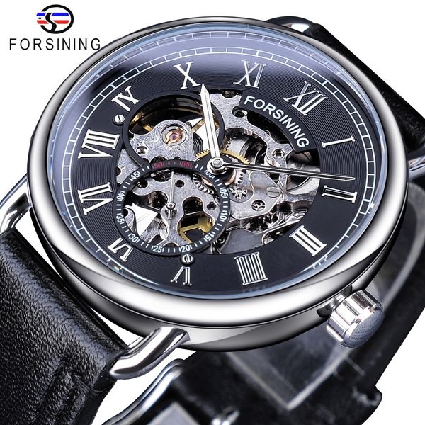 

forsining classic silver case black genuine leather band roman number waterproof design mens mechanical watches brand luxury, Slivery;brown