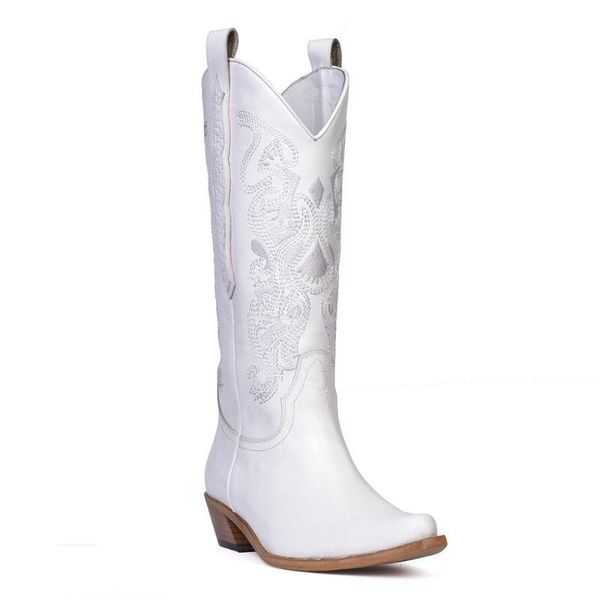 

footcourt- white cowboy boots genuine leather knee-high boots western girls low heels shoes woman ladies handcraft, Black